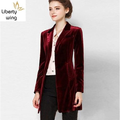 New Female High Quality Chic Tops Europe womens velvet blazer Slim Fit Long OL jacket Ladies Blouses Plus Size Free Shipping