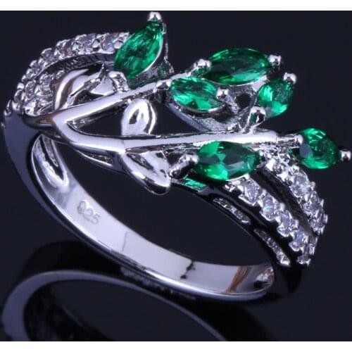 Excellent Plant Green Cubic Zirconia White CZ Silver Plated Ring V0435