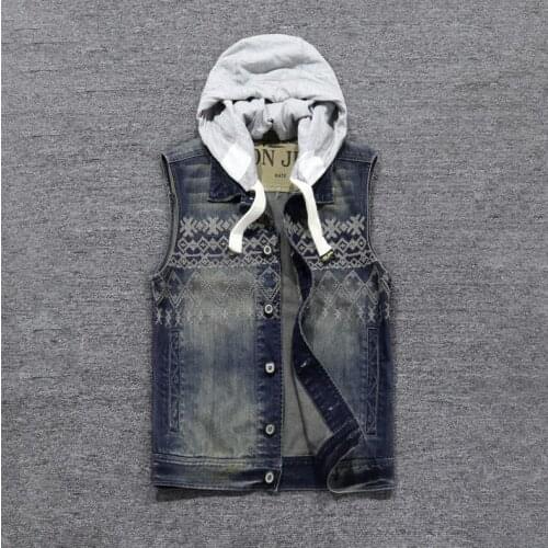 Casual Detachable Mens Hooded Denim Vest Slim Vintage Blue Sleeveless Jackets Tank Top Diamond Embroidery