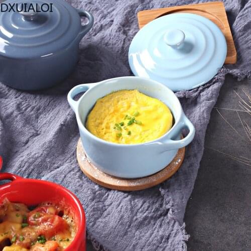 Simple Binaural Baked Cake Bowl with Lid Childrens Rice Bowl Small Stockpot Soup Bowl Breakfast Steamed Egg Pudding Bowl