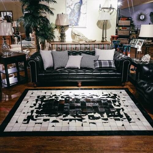 Luxury Cowhide Seamed Square Carpet Black And White Natural Cow Skin Fur Carpet For Living Room Decoration Office Rug