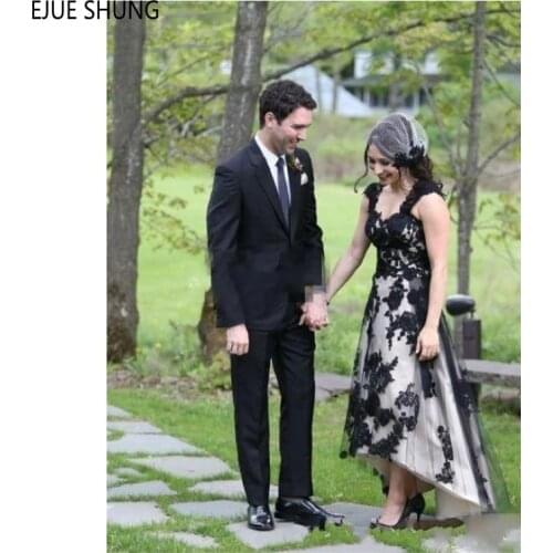 EJUE SHUNG Black and Champagne Wedding Dresses Cap Sleeve Sweetheart Backless Appliques Country Wedding Gowns robe de mariee