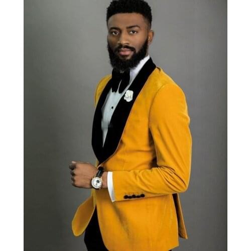 TPSAADE One Button Yellow Velvet Groom Tuxedos Shawl Lapel Men Suits 2 pieces Wedding/Prom/Dinner Blazer (Jacket+Pants+Tie)