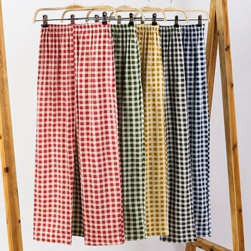 Spring And Summer Pyjama Femme Pants Women Cotton Pijamas Long Trousers Big Size Plaid Printed Wide Leg Loose Home Sleep Bottoms