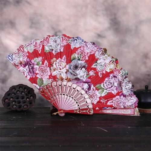 Summer Chinese Style Vintage Silk Flower Printing Hand Held Fan Folding Hollow Carved Wedding Dance Party Supplies Pocket Gift 5