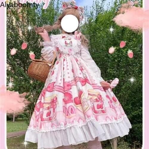 Japanese Women Sleeveless Lolita Dress Suspenders White Pink Red Strawberry Dessert Pattern JSK Dress Cute Kawaii Ruffles Dress