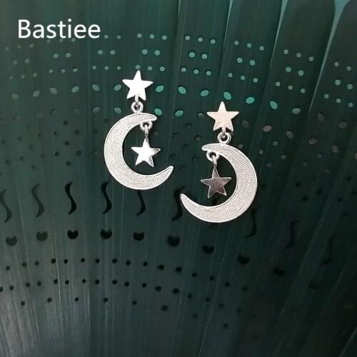 Bastiee 999 Sterling Silver Earings Hmong Handmade Moon Star Stud Earrings For Women Luxury Jewelry Ethnic Dangle Drop brinco