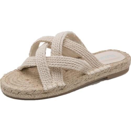 Woman Fisherman Slippers Beige Hemp Rope Braided Flat Heel Sandals Summer Non-slip Beach Casual Shoes Slip-on Indoor Slides