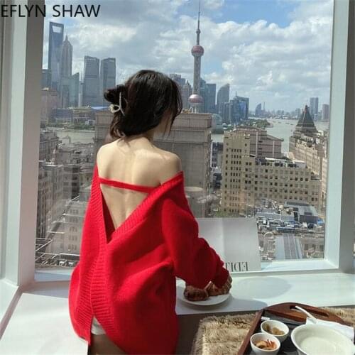 Mink Velvet Sweater Women Sexy Open Back Red Oversize Sweater Fashion Criss-cross Loose Long Knit Pullover Autumn Outer Wear