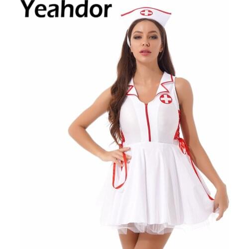 Women Sexy Lace-up Nurse Cosplay Costume Halloween Role Play Outfit Notched Collar Sleeveless Zipper Flared Dress with Hat Set