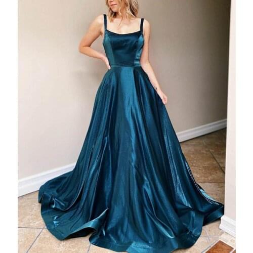 VKBRIDAL A-Line Long Blue Prom Dresses with Pockets Maxi Sexy Criss-cross Back Formal Evening Homecoming Party Gowns