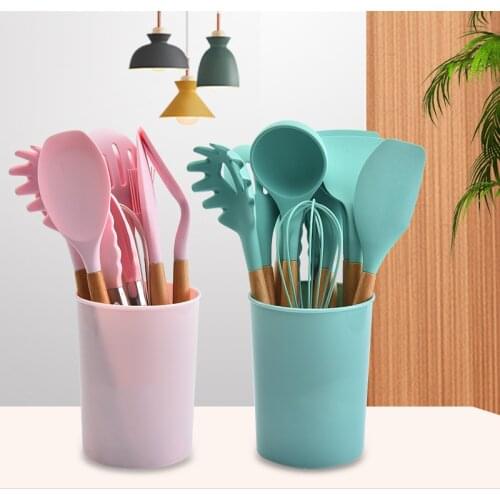 12 Pcs Nordic Wooden Handle Silicone Kitchenware Set Non Stick Spatula Spoon Silicone Spatula Kitchen Tools Storage Bucket Set