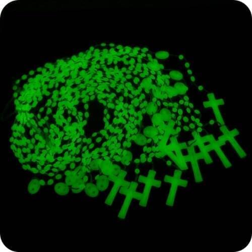 12x Glow in Dark Plastic Rosary Beads INRI JESUS Cross Crucifix Pendant Necklace Luminous Catholic Fashion Religious jewelry