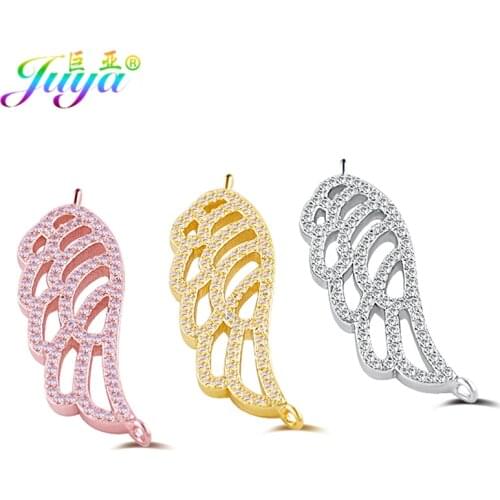 Juya DIY Jewelry Fittings Material Copper Cubic Zirconia Angel Wings Charm Connectors For Handmade Women Bracelet Earring Making