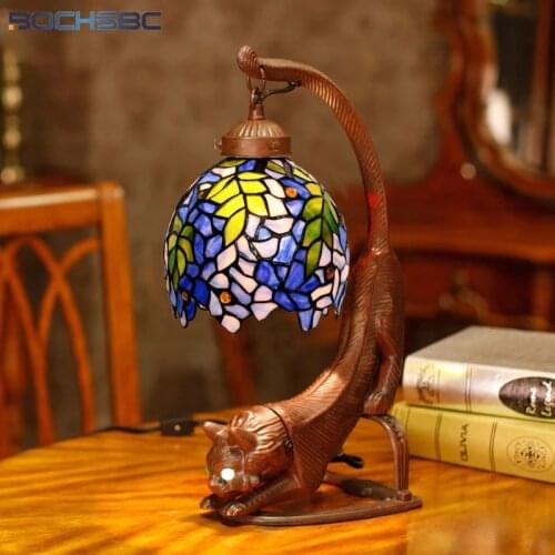BOCHSBC Glass Table Lamp Retro Style Garden Story Grape Stained Glass Lampshade Cat Stands Lamp Living Room Hotel Bedside Lights
