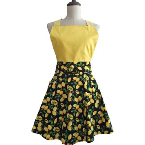 Bodecin Bright Yellow Lemon Retro Kitchen Apron Woman Cotton Cooking Avental de Cozinha Divertido Pinafore Apron Dress Vintage