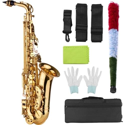 AS100 Eb Alto Saxophone Brass Lacquered Alto Sax Wind Instrument with Carry Bag Gloves Straps Cleaning Cloth Brush