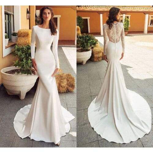 Elegant Mermaid Wedding Dress 2021 Satin Long Sleeve Vestido De Noiva Lace Bride Dresses With Romantic Buttons Robe De Mariee