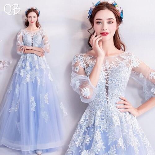 Sky Blue A-line 3 4 Sleeves Tulle Lace Appliques Elegant Formal Evening Dresses 2020 New Fashion Bride Party Prom Dress XK202