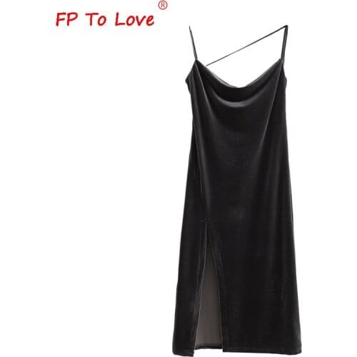 FP To Love Woman High Split Spaghetti Strap Dress Velvet Asymmetrical Street Style Sexy Club Night Out Solid Grey Newlook Dress