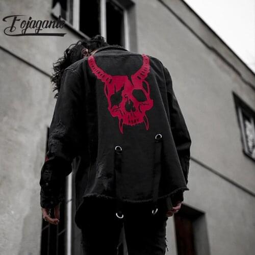 FOJAGANTO Mens Spring Autumn Hiphop Print Denim Jacket Men Fashion Stand-Collar Denim Jacket Male High Street Oversize Jacket