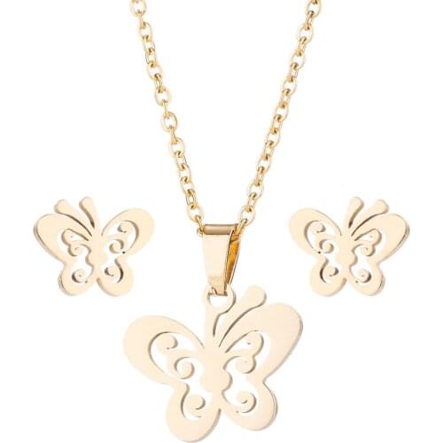 Fashion Stainless Steel Butterfly Necklace Jewelry Set for Women Elegant Animal Necklace Earrings Sets Choker Necklaces Bijoux