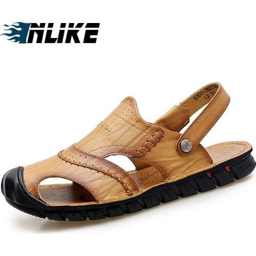Men Sandals Genuine Leather Summer Sandals Men Breathable Flat Sandals