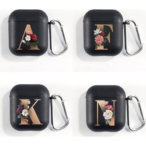 Cute Floral Gold Initial Alphabet Letter Soft Case For AirPods 2 1 Black Silicone Wireless Bluetooth Earphone Box Matte Cover