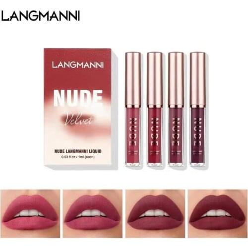 Langmanni 4PCS lip gloss set Velvet Matte Lipstick Waterproof Long Lasting Lip Glaze Nourish Moisturizing Lip Gloss Makeup Gift