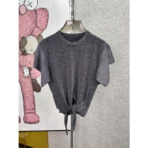 New women fashion 2021 short-sleeved casual solid color knit tie blouse 0322