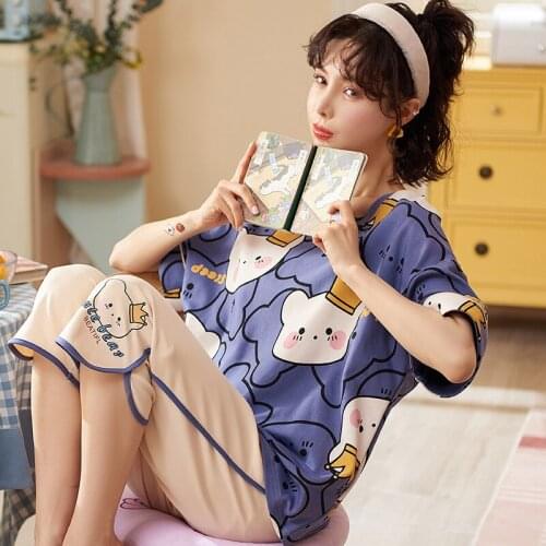 Summer New Women Fashion Casual Plus Size Calf-Length Pants Pajamas Sets Funny Anime Manga Girls Sleepwear Short Sleeve Homewear