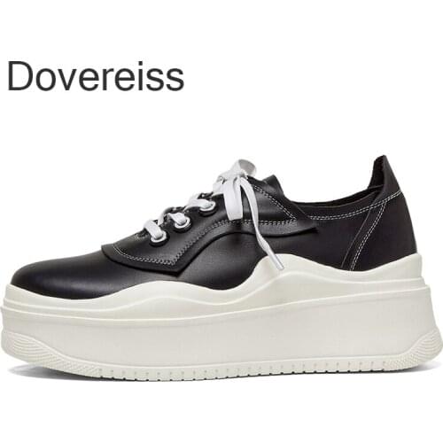 Dovereiss Fashion Spring Womens Shoes Waterproof Cross tied Pure Color White Consice White Genuine Leather Gym shoes