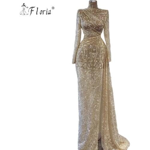 High Slit Mermaid Evening Dresses Long Sleeves Celebrity Gowns Beading Dubai Middle East Women Special Occasion Dresses