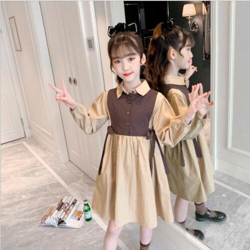 2021 Spring Girls Dress Patchwork Fake 2PCS Dress For Girls Korean Slim Kids Party Dress With Bow Fall Novelty Clothes For Girls
