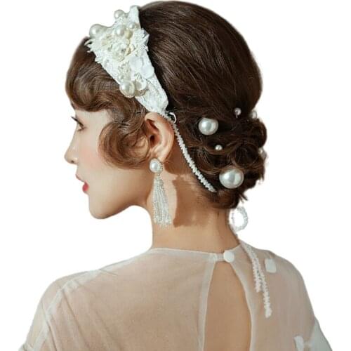 Vintage Embroidery Floral Lace Wedding Headband Pearl Beading Jewelry Hairband X7YC