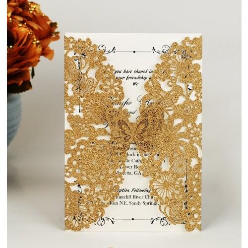 WISHAMDE Glitter Gold Laser Cut Wedding Invitations Card with Butterfly Lace Flower Designs for Birthday Baby Shower 50pcs