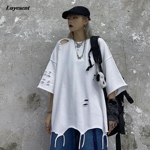 Hollow Out Hip-hop Women Irregular T Shirt 2021 Lady Hipster Hole Split Ripped O Neck Gothic Streetwear Black White Cotton Top