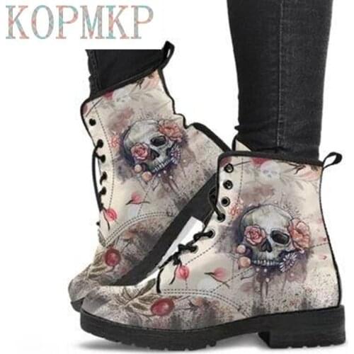 Motorcycle Skull Pansy Women Ankle Boots Low Heels Shoes Lady Vintage Pu Leather Lace Up Autumn Warm Winter High Snow Boots 43