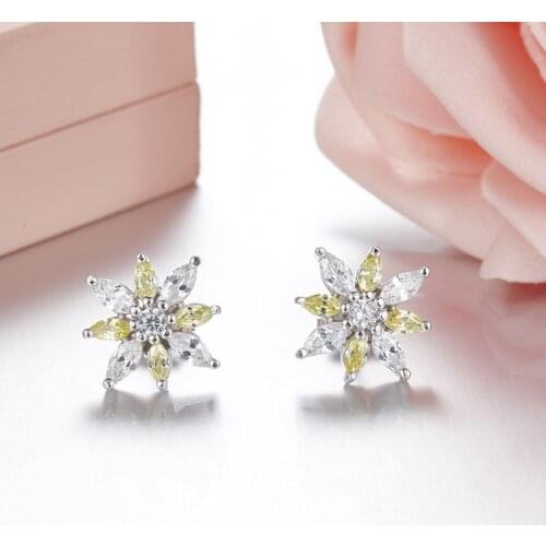SLJELY 925 Sterling Silver Yellow Clear Crystal Flower Stud Earrings 2 Tone Zircon Women Engagement Party Brand Design Jewelry