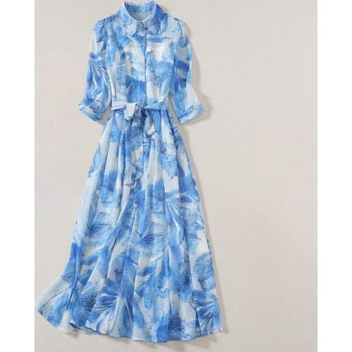 QUALITY New HIGH 2021 Fashion Designer Runway Dress Womens Elegant Half Sleeve Bohemian Blue And White Print Soft Shirt Dress
