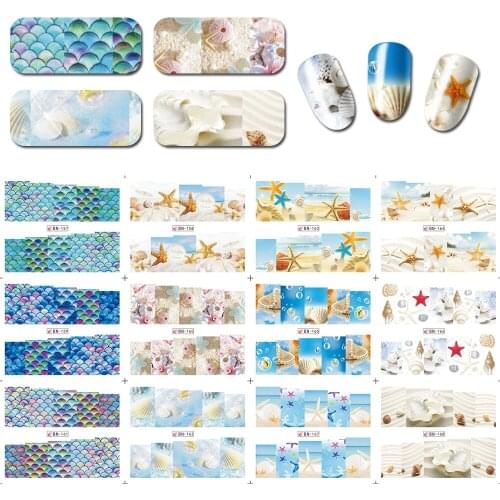 12Sheet/Set Nail Summer Water Transfer Sticker,16*25cm SEA -Cool(Shell/Conch/Starfish)Nail Water Decal,Manicure Sticker#BN157-16