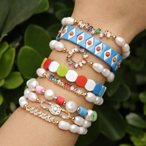 5 pcs/lot natural real pearl beaded bracelet with charm heart paved gold color zirconium connector for woman girl jewelry gift