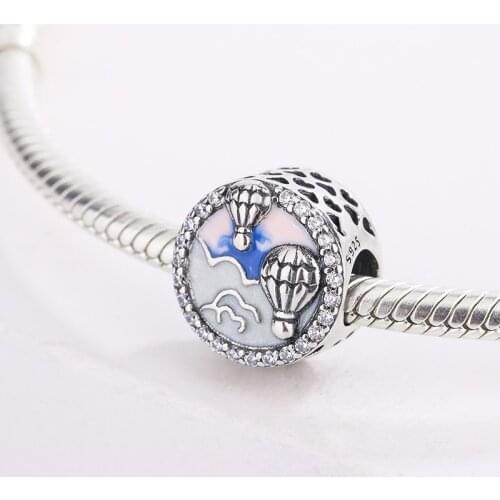 925 Sterling Silver Blue Enamel Heart Cut-Outs Air Balloon Button Beads Pendant Charm Bracelet DIY Jewelry For Original Pandora
