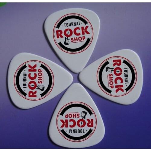 0.71mm celluloid guitar pick with ROCK SHOP, one sided printed