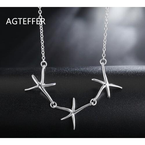 AGTEFFER 925 Sterling Silver 18 Inch Three Starfish Pendant Chain Necklace For Women Fashion Wedding Party Charm Jewelry