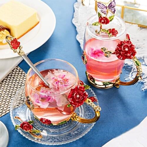 Color enamel Coffee Cup Mug Flower Tea Glass Cups for Hot and Cold Drinks Tea Cup Spoon Set home drinkware lovers gift