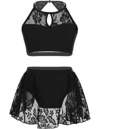 Kids Girls Modern Dance Outfit Sleeveless Dancewear Keyhole Halter Lace Splice Crop Top with Bottoms Set Performance Costume