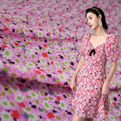 Girly Sense Rose Pink Daisy Floral Double Joe Crepe Chiffon Fabric Dress Shirt Girl Clothing Handmade DIY Fabric