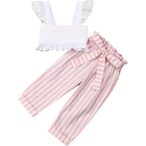 Citgeett Summer Toddler Kids Baby Girls Clothes Lace Vest White Tops+Striped Pink Pants Leggings Outfit Fashion Set