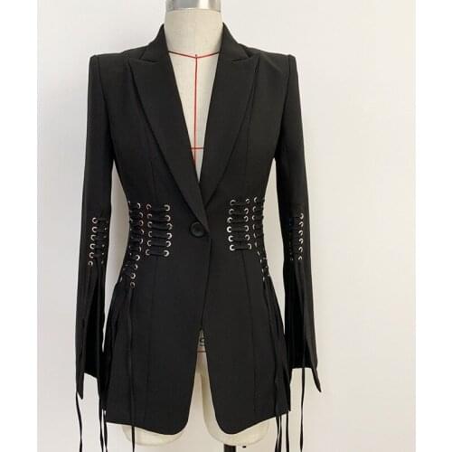 2021 High Quality Star New Ladies Small Coat Personality Metal Hole Tie Rope Slim Fit One Button Suit O39